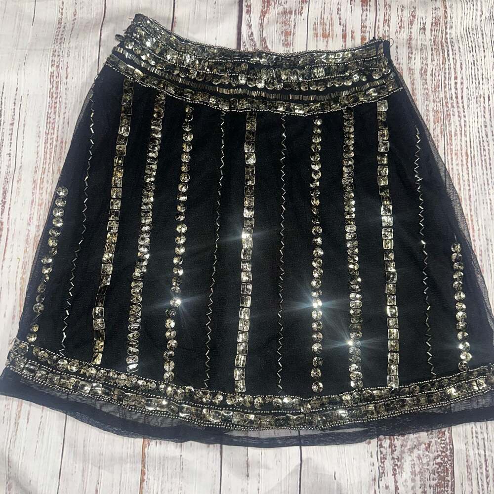 Angie Black Vintage Mini Skirt with Silver Beaded and Rhinestone Embellishments